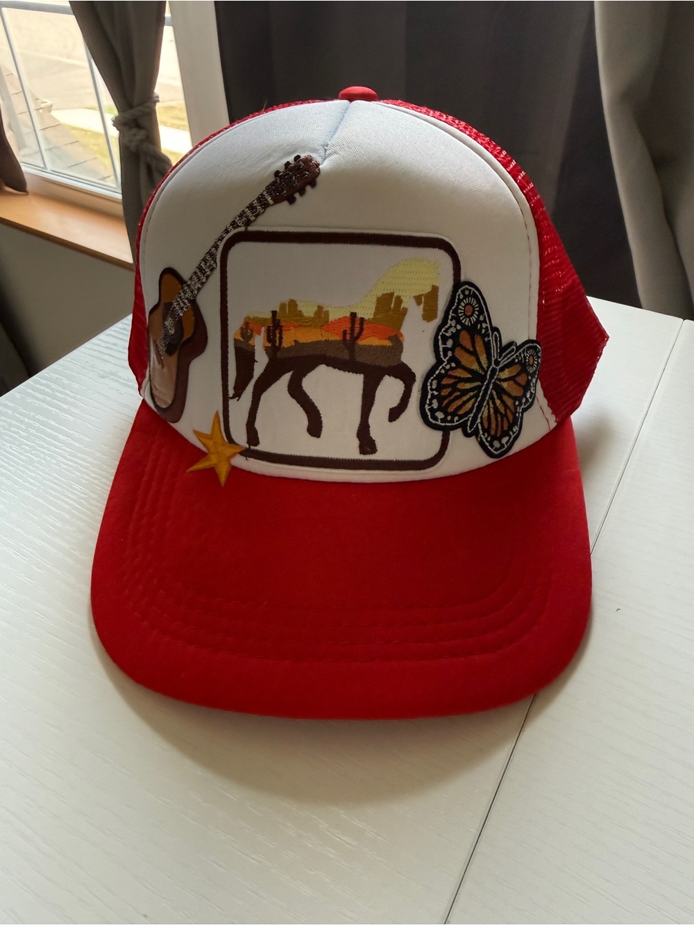 Red White Trucker Patch Hat Cap Horse Guitar Country Concert Western